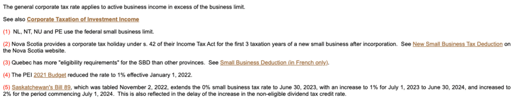 Canada Corporate Tax Rate Notes