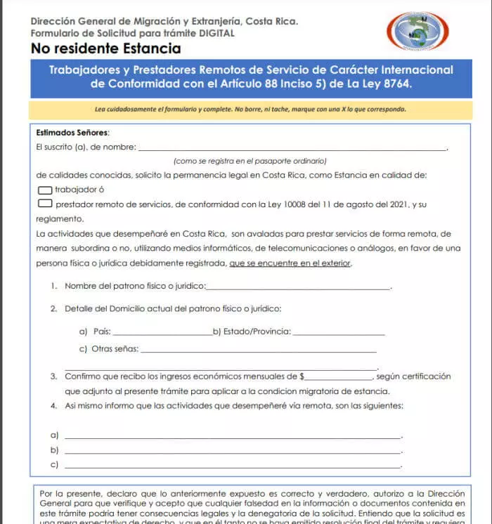 Application form for the costa rica digital nomad visa