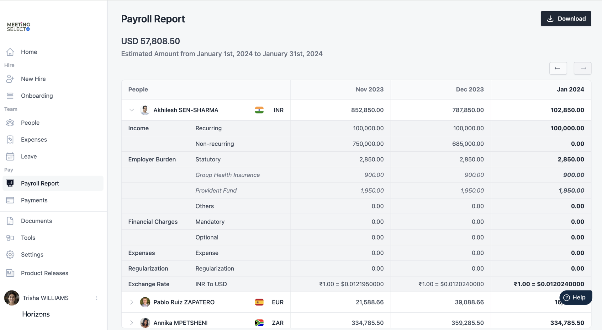 screenshot of Horizons EOR platform - payroll report tab