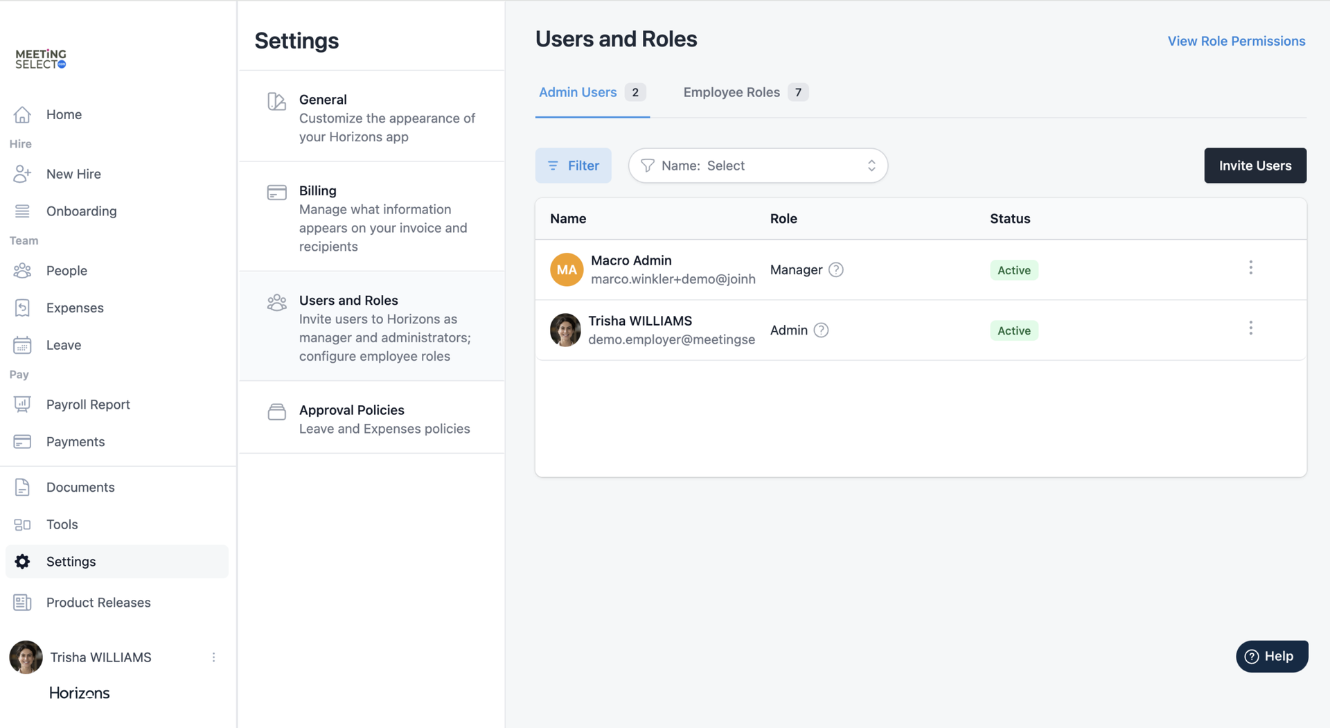 screenshot of Horizons EOR platform - user roles tab