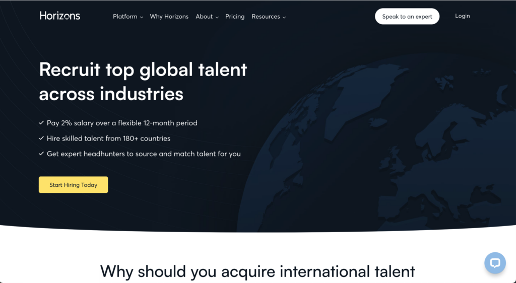 screenshot of Horizons international recruitment homepage
